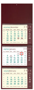 207547-EC Kalendar trodjelni DALI bordo 12L 25x56+15, 3 mj., 3 spirale, vrećica P40 2026