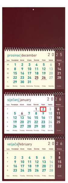 207547-EC Kalendar trodjelni DALI bordo 12L 25x56+15, 3 mj., 3 spirale, vrećica P40 2026