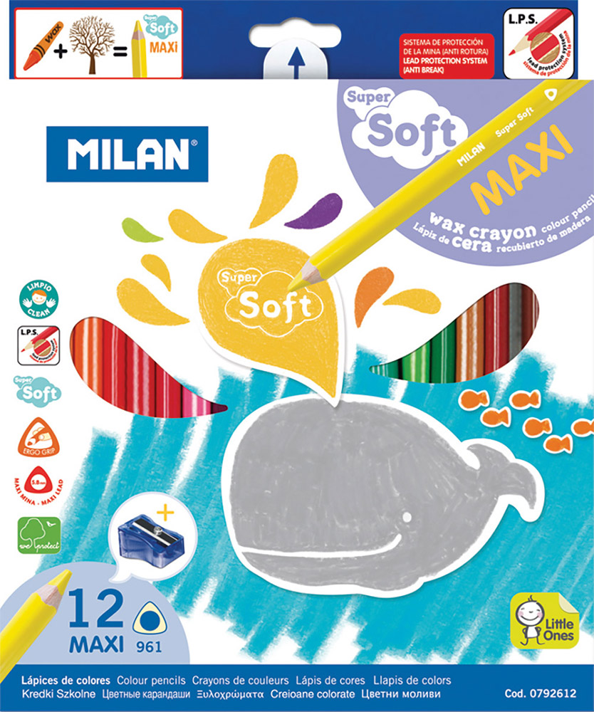 219857-EC Boje voštane u drvu 12/1+šiljilo MILAN SUPER SOFT za prve crteže P12/72