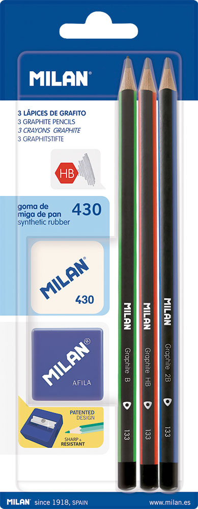221778-EC Set MILAN ol.grafX3:HB/B/2B, šiljilo+gumica 430 blister P25