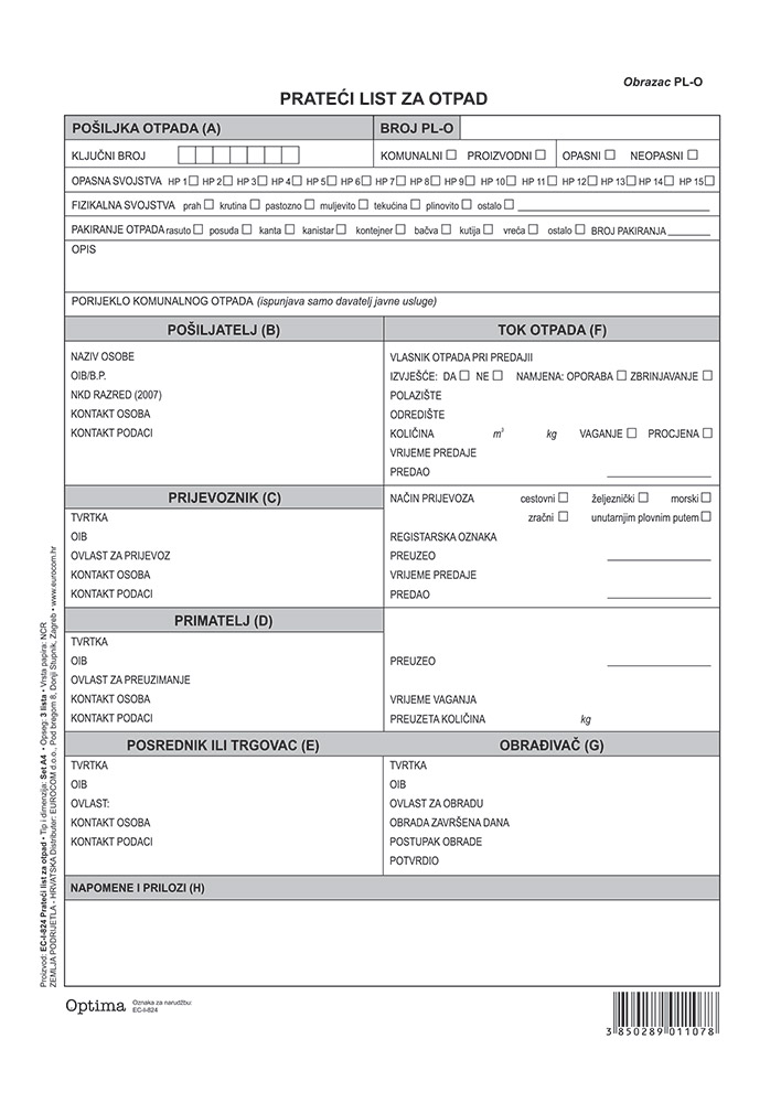 224034-EC Prateći list za otpad PL-O  EC-I-824 OPTIMA P100