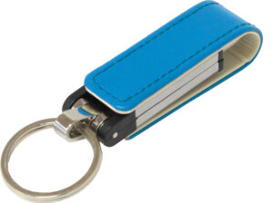 228516-EC Memori stick USB 8GB od umjetne kože, plavi na privjesku, metalna kutija P1/50