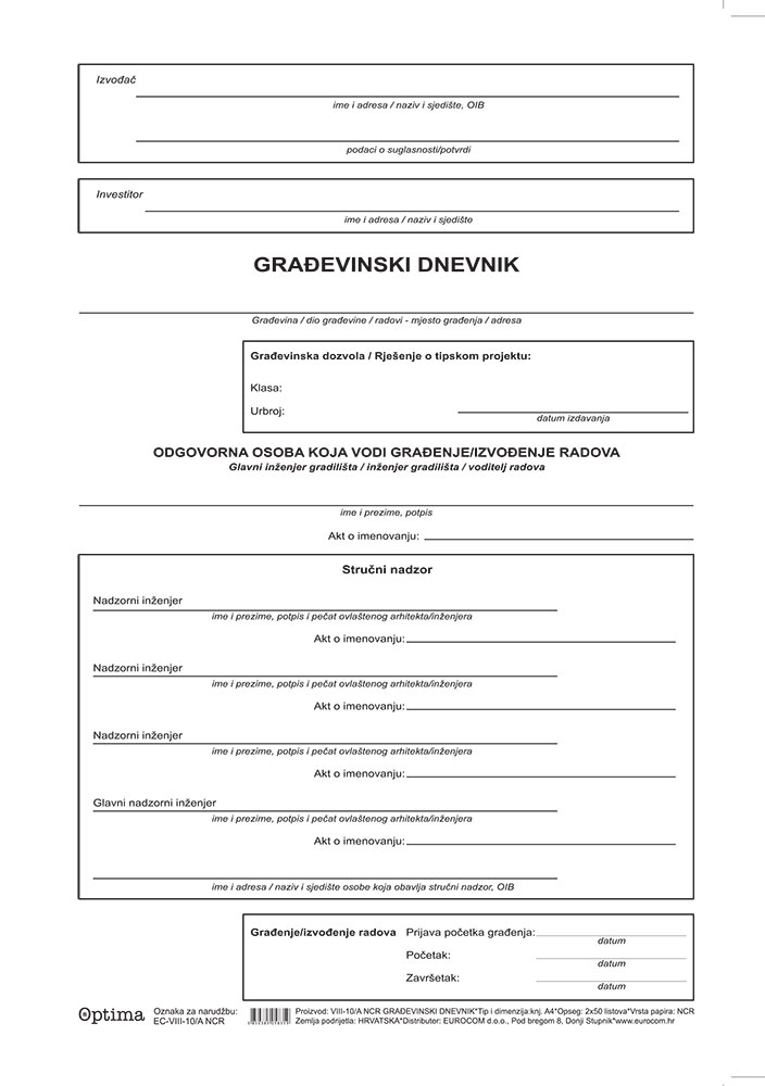 231168-EC Građevinski dnevnik EC-VIII-10/A NCR MEKI UVEZ OPTIMA P10
