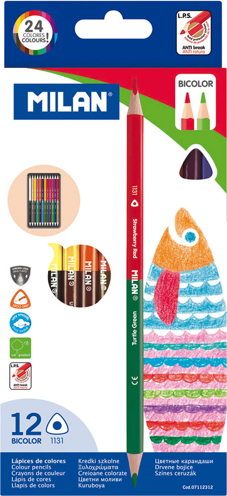 232499-EC Boje drvene 12/1 duge trokutaste MILAN bicolor, 24 boje,karton bls P12/96