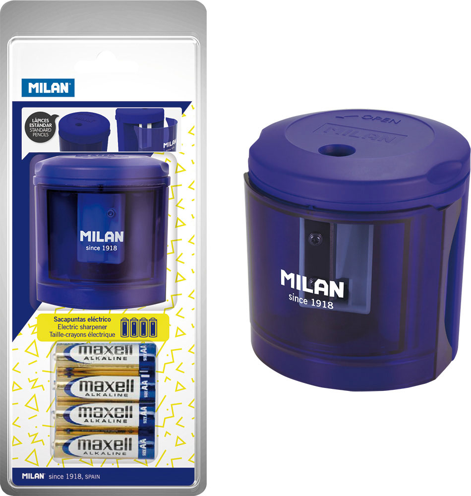 234263-EC Šiljilo električno MILAN + 4 baterije blister plavo acid P12/36