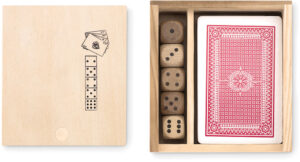 239298-EC Igra društvena set igraće karte i kockice Las Vegas u drvenoj kutiji 10x9x2 cm