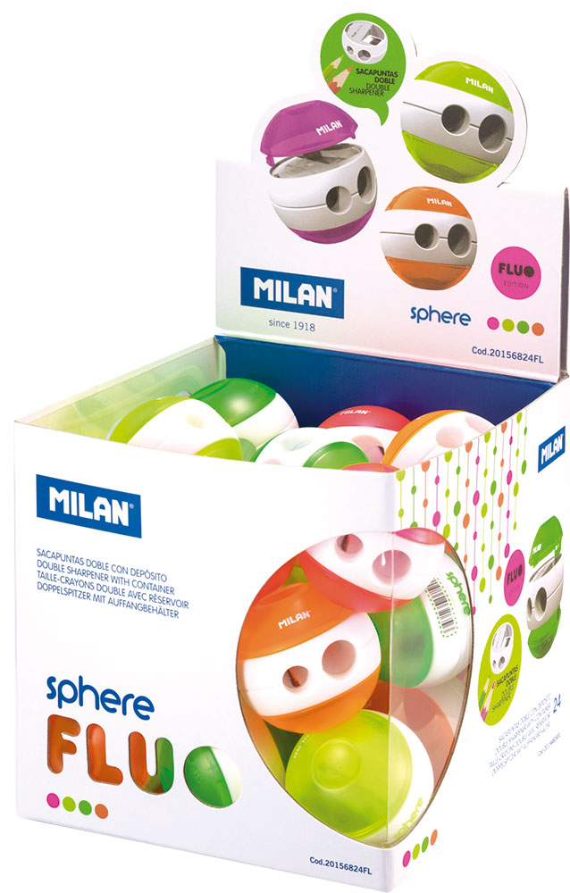 239610-EC Šiljilo plastično 2 rupe MILAN Sphere Fluo sort display P24/144/1728