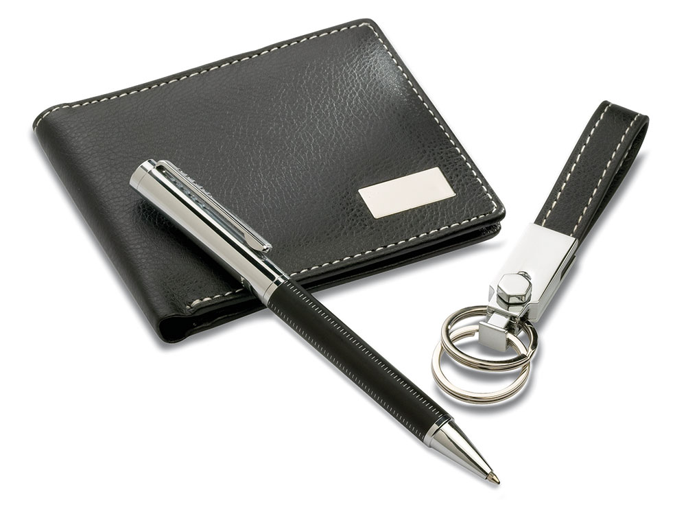 240449-EC Set darovni Elegance muški novčanik PU, privjesak i roler crni u poklon kutiji