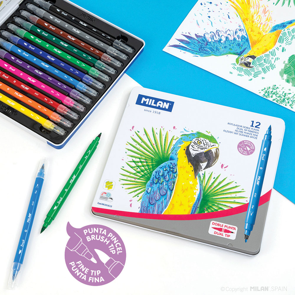 241049-EC Flomasteri 12/1 MILAN Dual Tip: kao kist+tanki vrh, metalna kutija P12/24