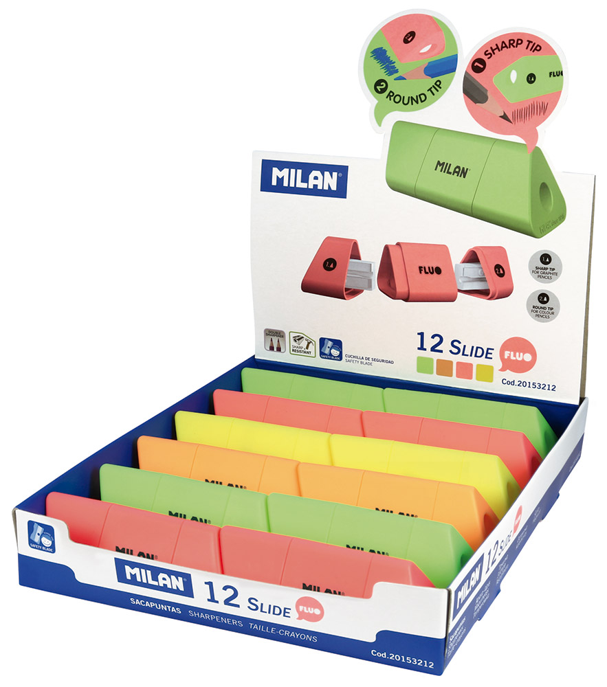 241314-EC Šiljilo plastično 2 rupe s kućištem MILAN Slide Fluo P12/120