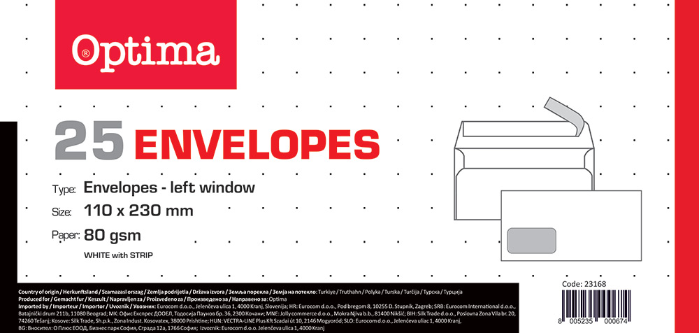 241748-EC Kuverta 11x23 ABT/PL strip bijela 80gr. OPTIMA OFFICE 23168 25/1 P20
