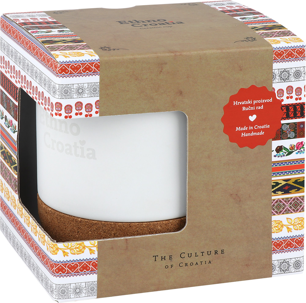 241929-EC Šalica keramička s plutom Ethno Croatia 300 ml bijela mat P20