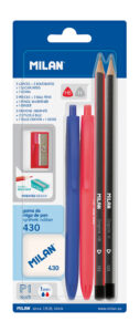 Set MILAN ol.grafX2:HB/H+crvena i plava ol.kem+šiljilo+gumica 430 blister P25