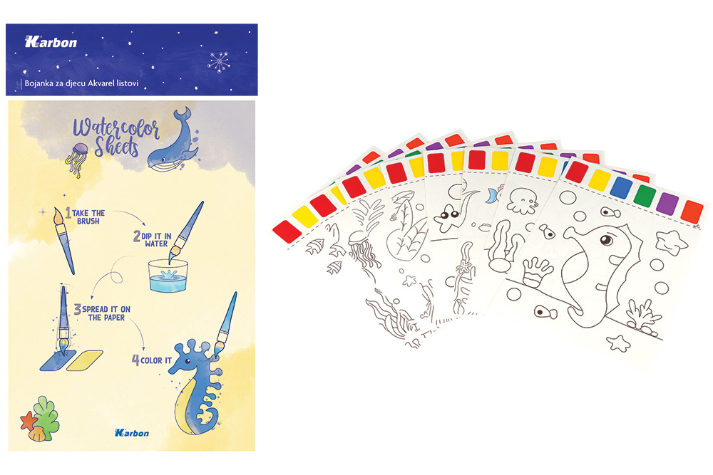 243772-EC Bojanka za djecu Akvarel listovi sa kistom Karbon B5, 6 listova, bls P50