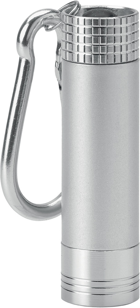 245004-EC Lampa baterijska ABS mini s karabinom, s led svjetlom za ugravirani logo srebrna