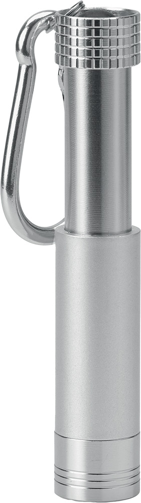 245004-EC Lampa baterijska ABS mini s karabinom, s led svjetlom za ugravirani logo srebrna