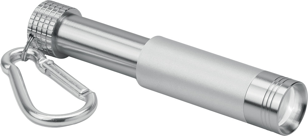245004-EC Lampa baterijska ABS mini s karabinom, s led svjetlom za ugravirani logo srebrna