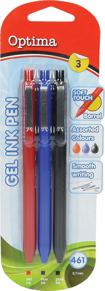 231627-EC Gel pen 0,7 OPTIMA Soft Touch 461 3/1 plava+crna+crvena 100926 bls P12/144/1728