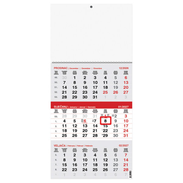 242415-EC Kalendar trodjelni 1-list sivo-crveni 12L 29,5x42+20, P50 OG** 2025