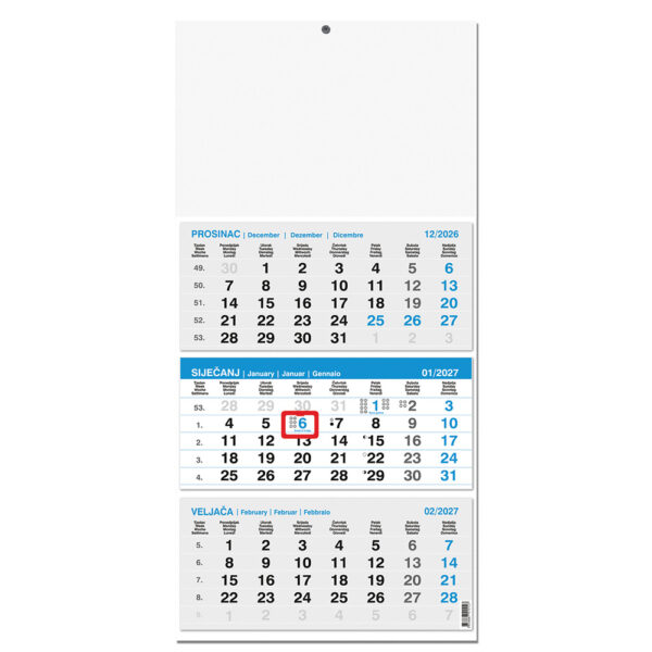 242422-EC Kalendar trodjelni 3-lista plavi 12L, ljepljen 29,5x42+20, P50 OG 2026