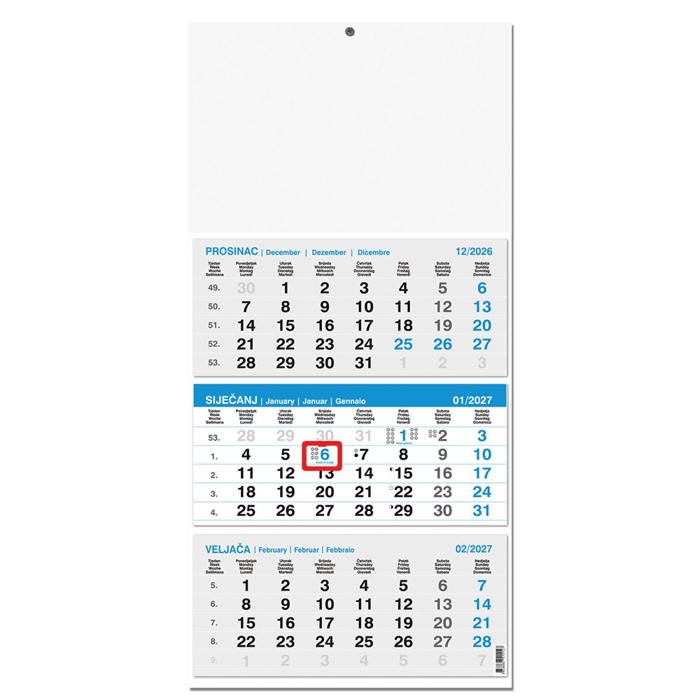 242422-EC Kalendar trodjelni 3-lista plavi 12L, ljepljen 29,5x42+20, P50 OG 2026